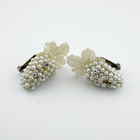 Vintage Faux Pearl & Rhinestone Clip-On Grape Cluster Earrings - Picture 2 of 10